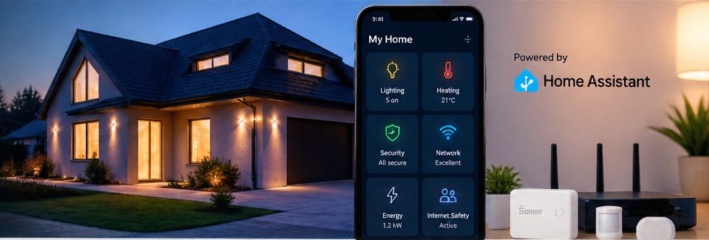 Modern connected home, Home Assistant dashboard and smart-home equipment